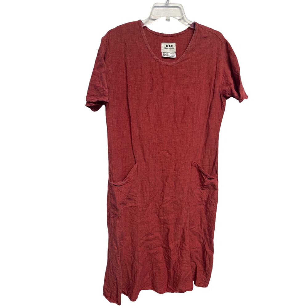 Flax Size Medium Red Maxi Dress Cottage Core Large Pockets Beachy 100% Linen